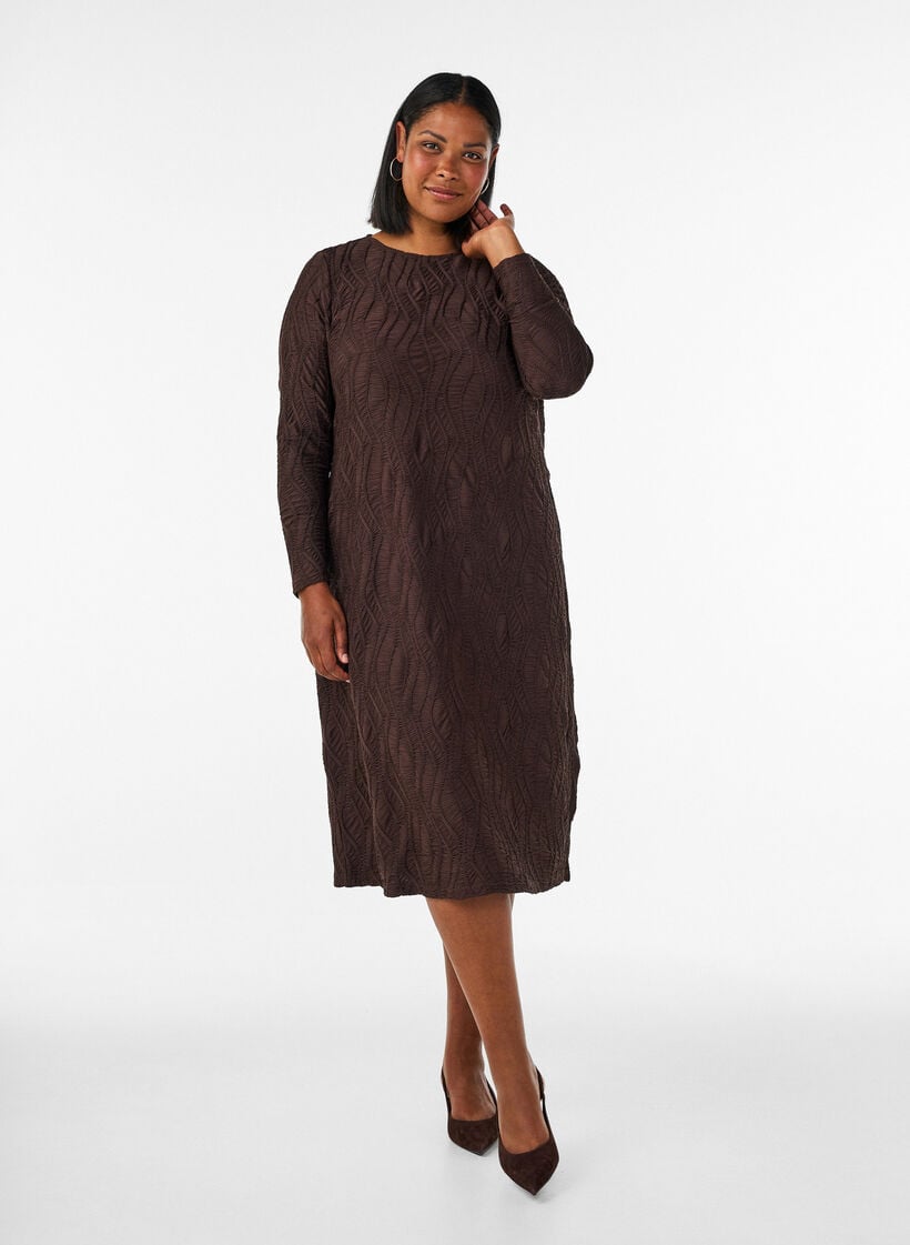 Midikleid mit gewellter Struktur und langen &Auml;rmeln, Braun, Model image number 0
