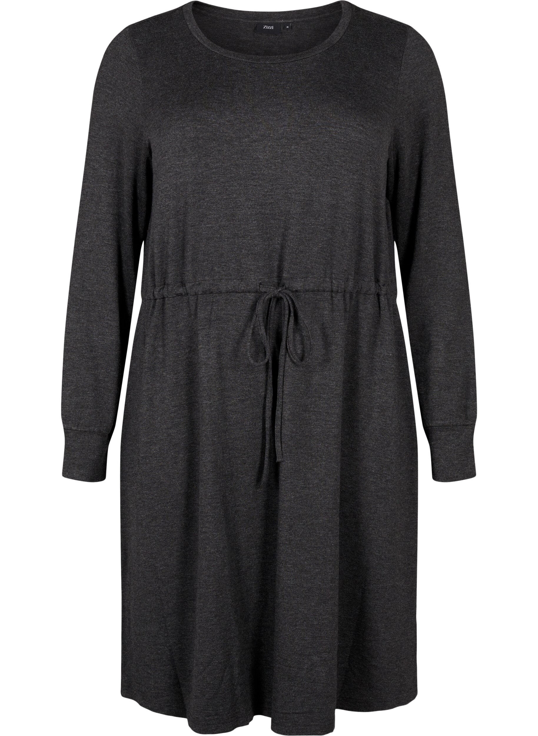 Zizzi Knielanges Jerseykleid mit B&auml;ndern zum Binden, Dark Grey Melange, Packshot image number 0