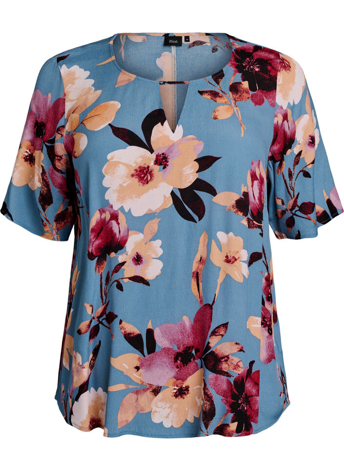 Kurz&auml;rmelige Bluse aus Viskose mit Print, Blau, Packshot image number 0