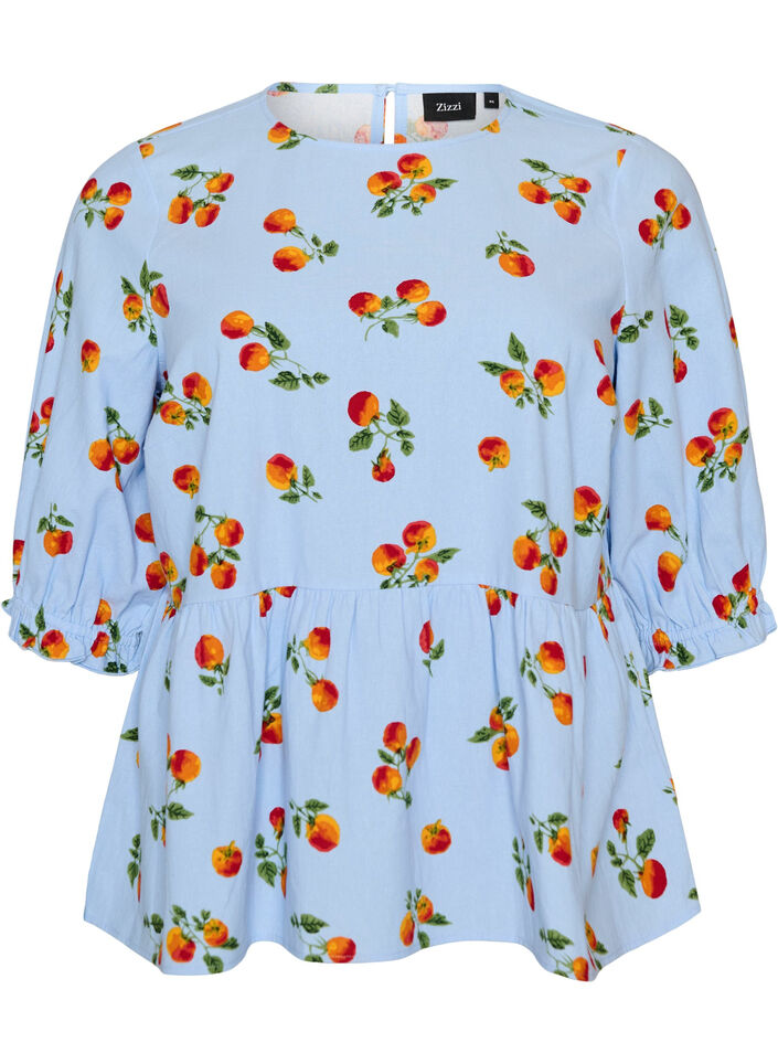 Bluse aus Baumwolle mit Tomaten-Print und Peplum, Blau, Packshot image number 0
