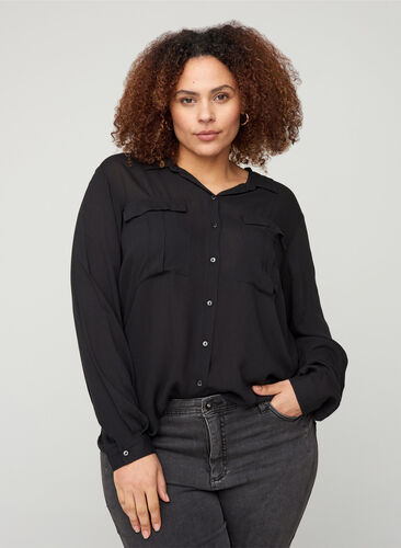 Bluse aus Viskose mit Brusttaschen, Black, Model image number 0