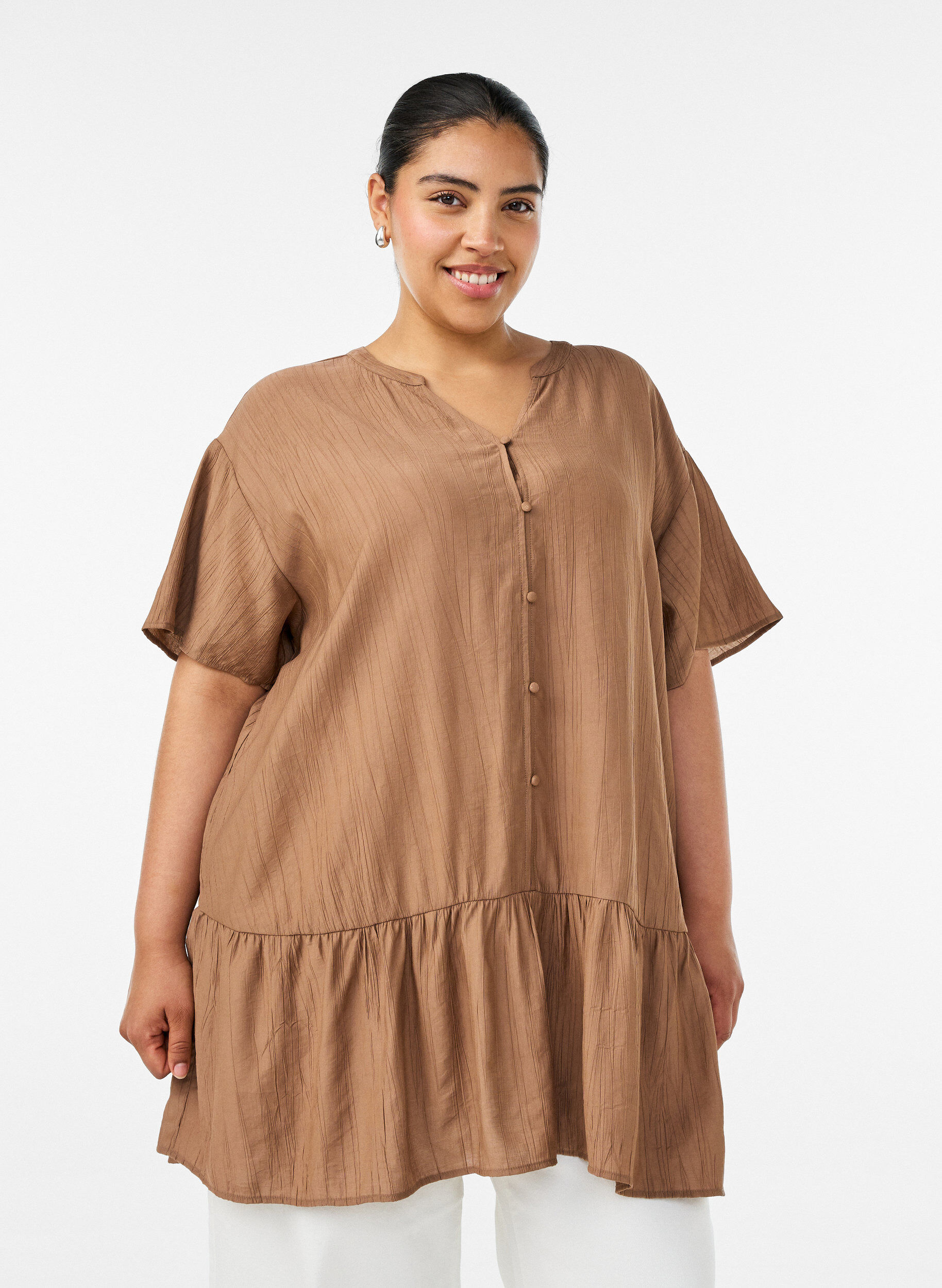 ZizziLockere Tunika mit gekr&auml;uselter Struktur und R&uuml;schensaum, Braun, Model image number 0