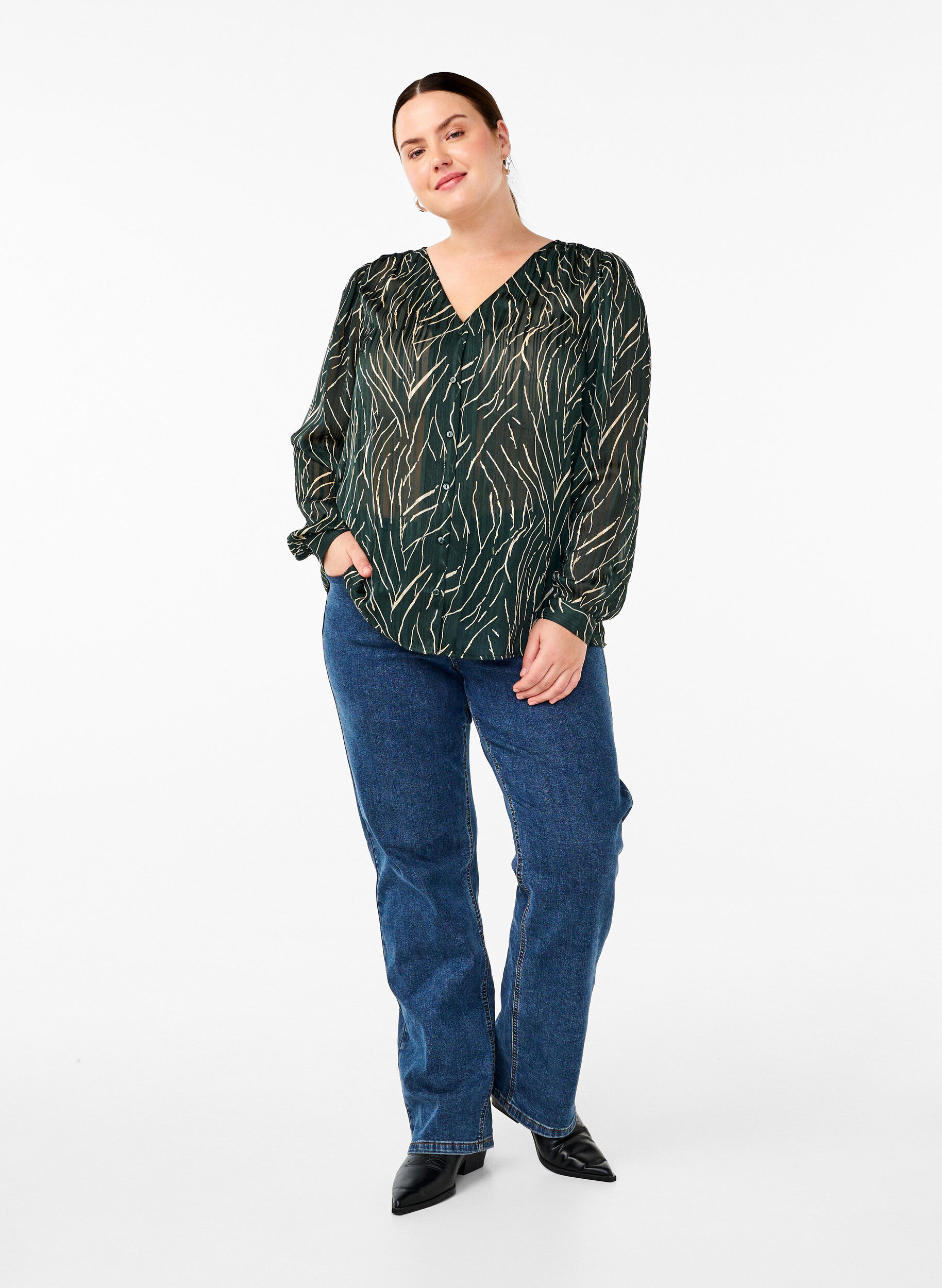 Zizzi Langarmshirt mit Kn&ouml;pfen, Gr&uuml;n, Model image number 1