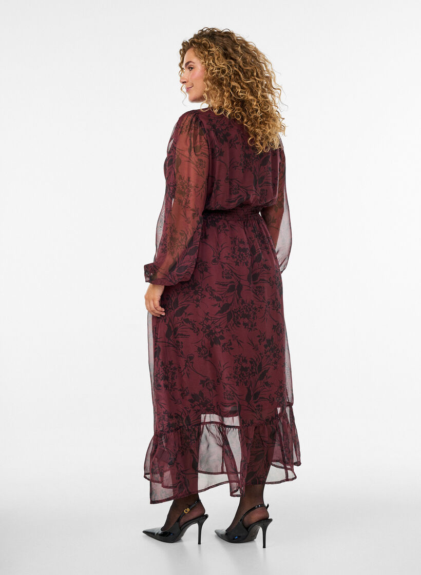 Maxikleid mit floralem Print und Smock, Dunkles Bordeaux, Model image number 1