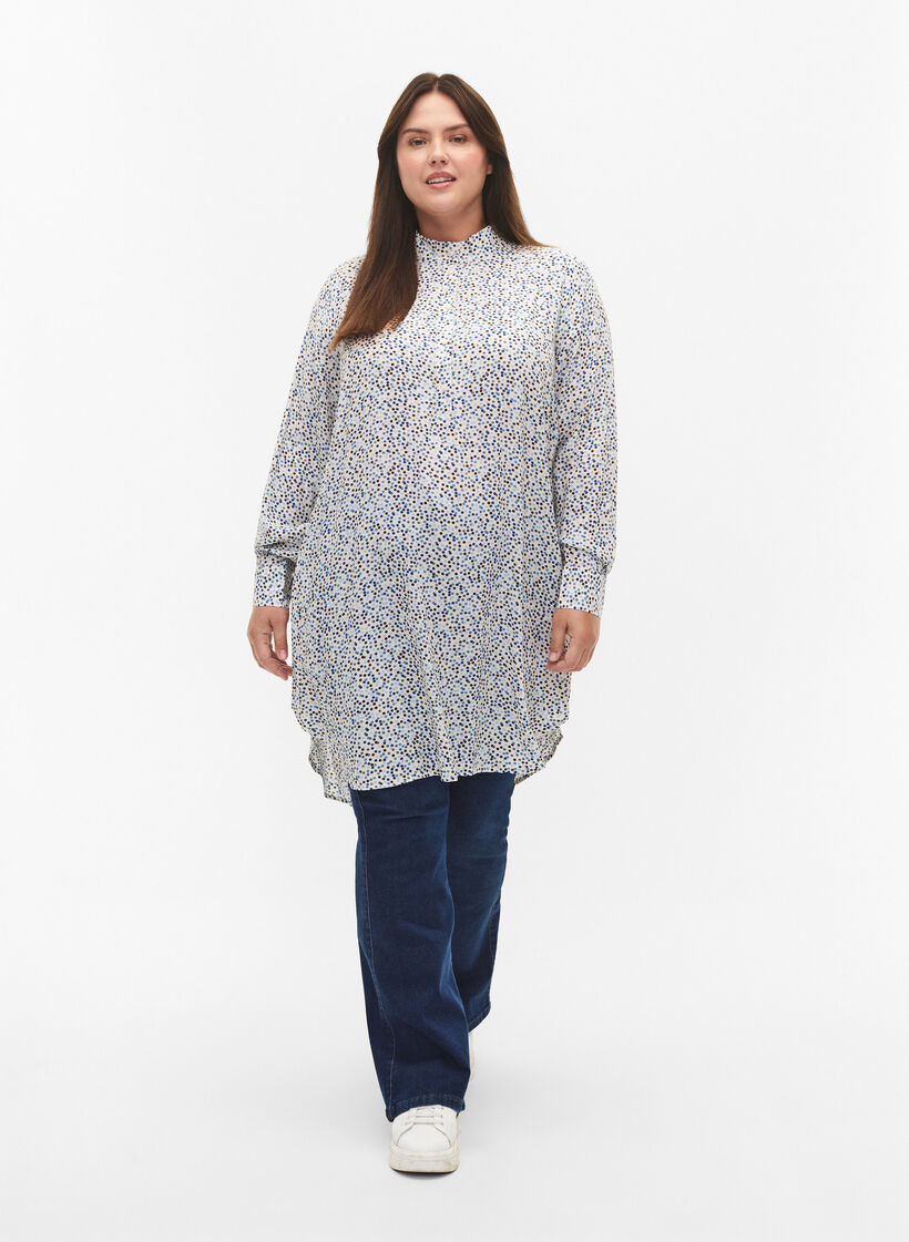 Gepunktetes Kleid aus Viskose mit Knöpfen, Blue Dot AOP, Model image number 2