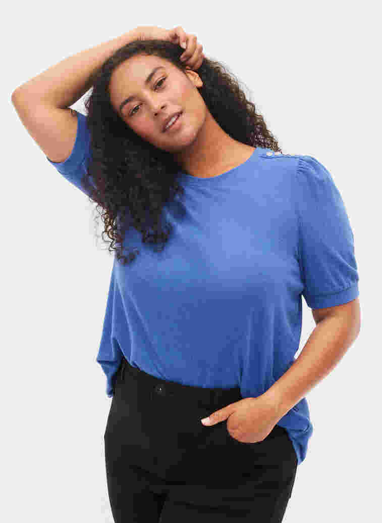 Bluse mit kurzen Puffärmeln, Dazzling Blue Mel., Model image number 0