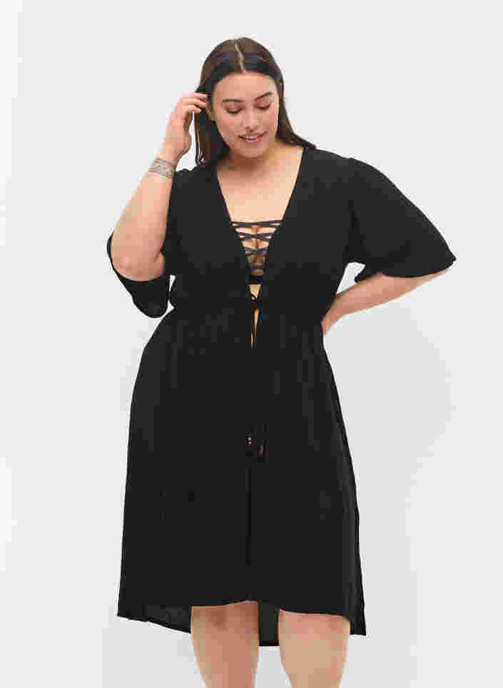 Strandkleid aus Viskose mit verstellbarer Taille, Black, Model image number 0