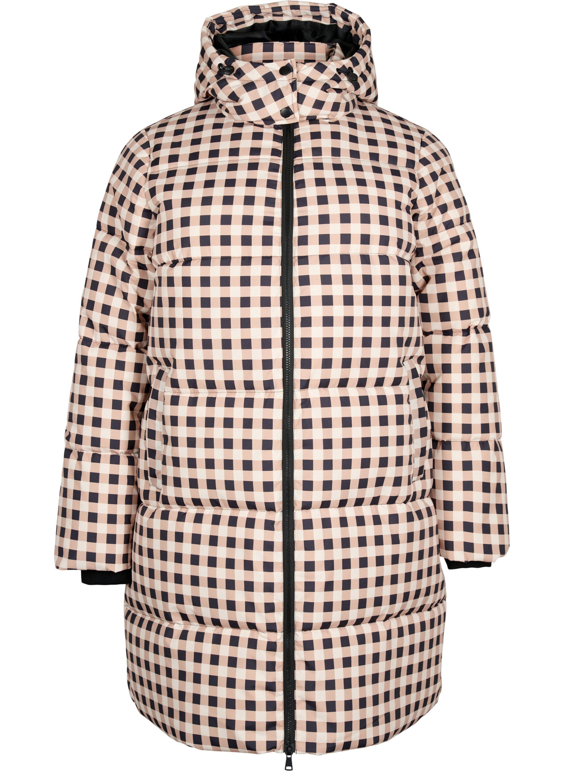 Zizzi Karierte Puffer-Winterjacke, Black w. Nomad Check, Packshot image number 0