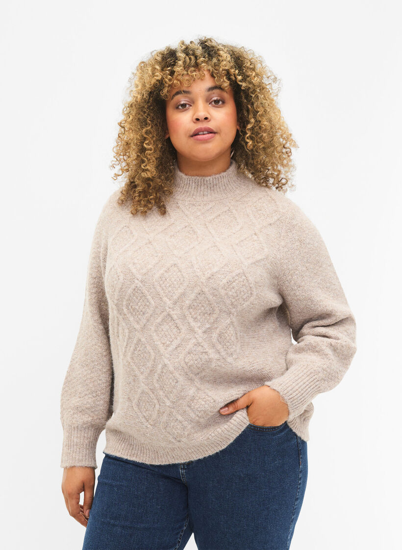 Gemusterter Strickpullover mit Rollkragen, Simply Taupe Mel., Model image number 0