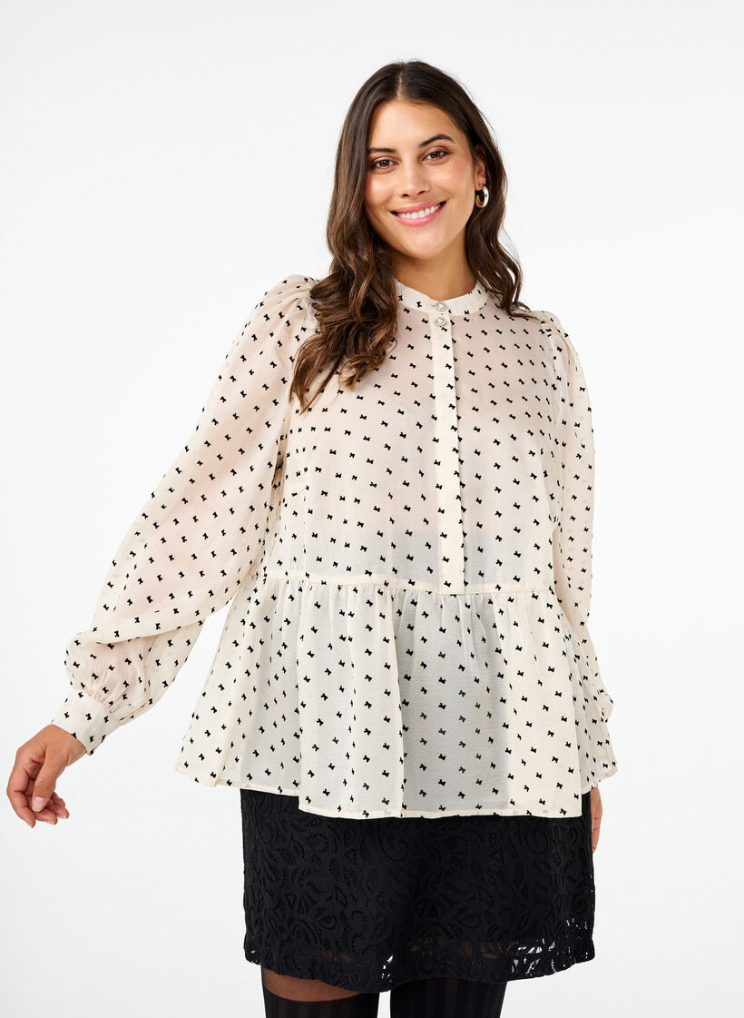 Bluse mit Schößchen und Schleifen, Ecru w Bow, Model image number 0