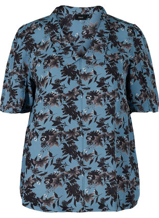 Geblümte Viskose-Bluse mit kurzen Ärmeln und Kragen, Blue w. Flower AOP, Packshot image number 0