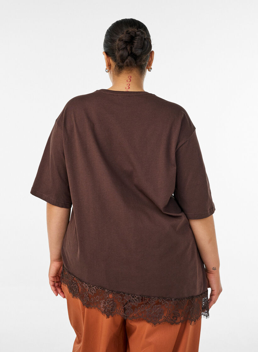T-Shirt mit asymmetrischem Spitzensaum, Braun, Model image number 2