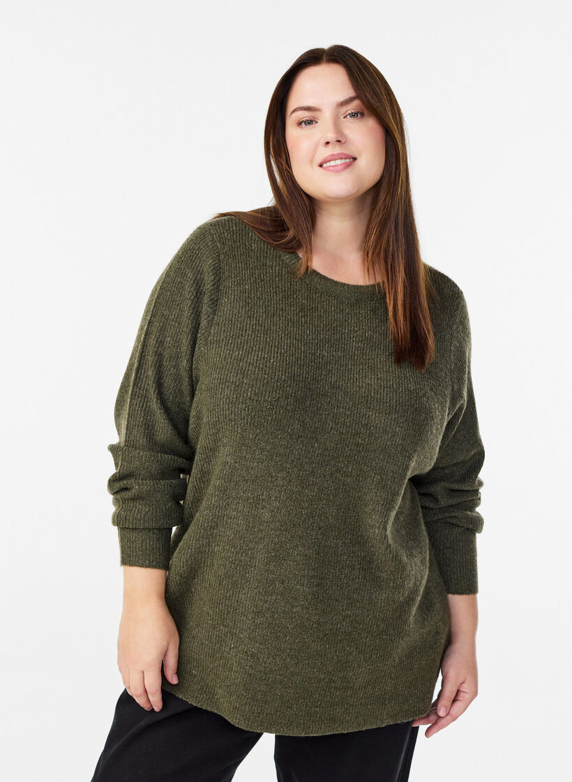 Melierte Strickbluse mit Rundhalsausschnitt, Gr&uuml;n, Model image number 0