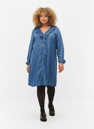 Denim-Kleid mit V-Ausschnitt und Rüschen, Blue denim, Model image number 1