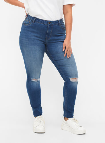 Super schlanke Sanna Jeans mit Zerstören, Blue denim, Model image number 2