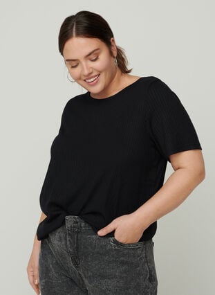 Einfarbiges Ripp T-Shirt mit kurzen Ärmeln, Black, Model image number 0
