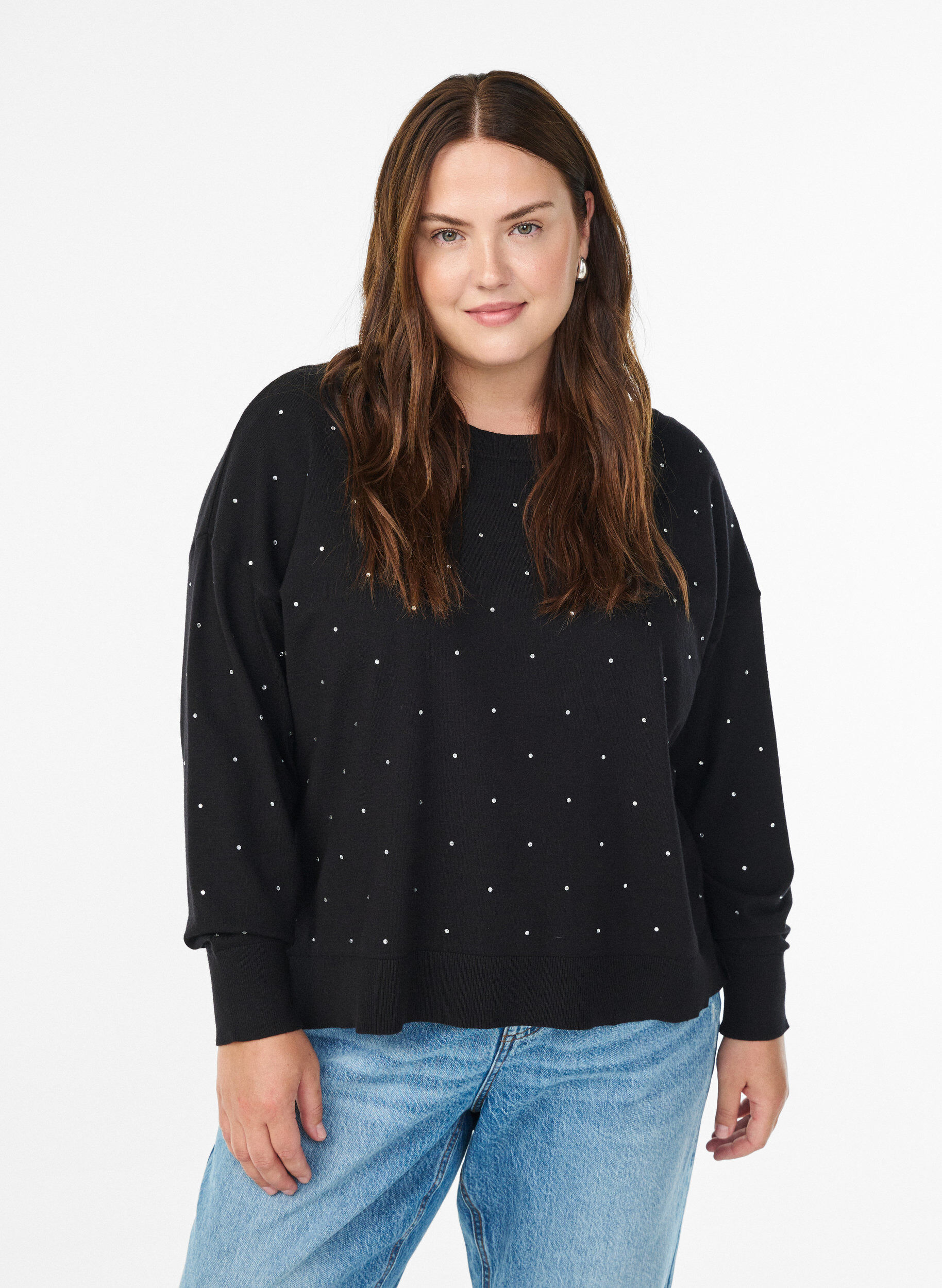 Zizzi Lockere Strickbluse mit Strasssteinen, Schwarz, Model image number 0