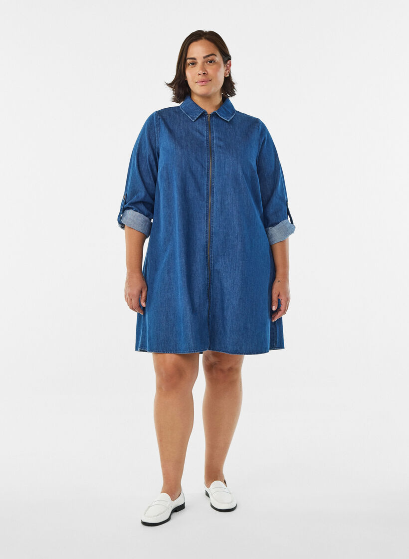 Kurzes Denimkleid mit Reißverschluss, Blau, Model image number 1