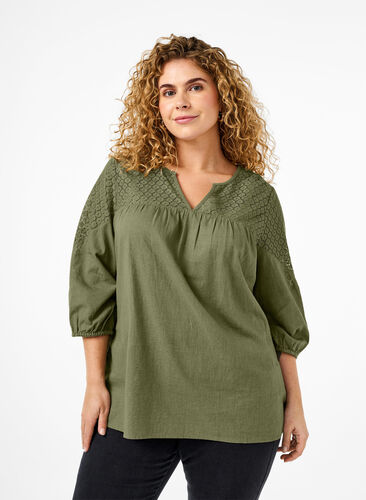 Bluse aus Baumwollmischung mit Leinen und Häkeldetails, Deep Lichen Green, Model image number 0