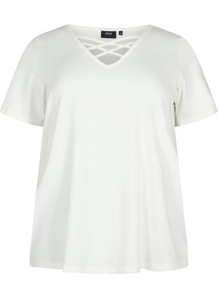 T-Shirt mit V-Ausschnitt und Kreuzdetails - Vanille - Gr. 42-60 - Zizzi