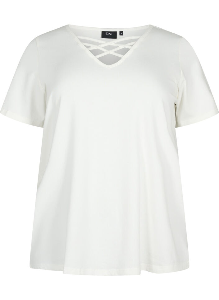 T-Shirt mit V-Ausschnitt und Kreuzdetails, Warm Off-white, Packshot