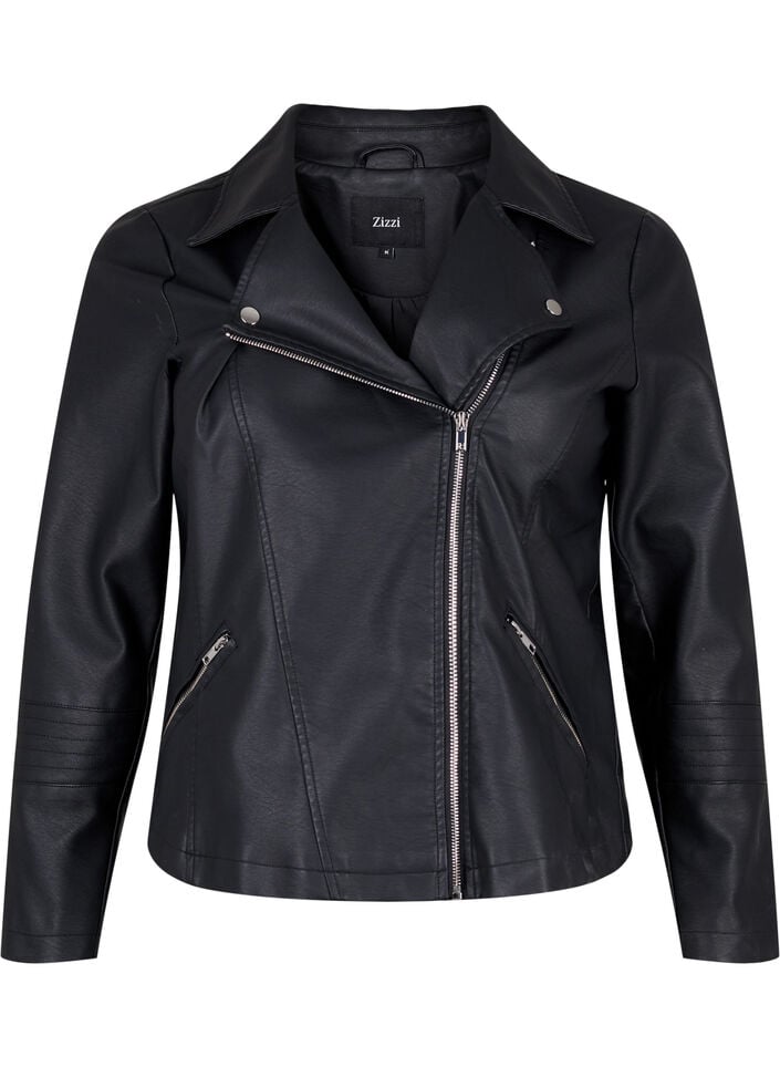 Imitierte Leder Biker Jacke, Schwarz, Packshot image number 0