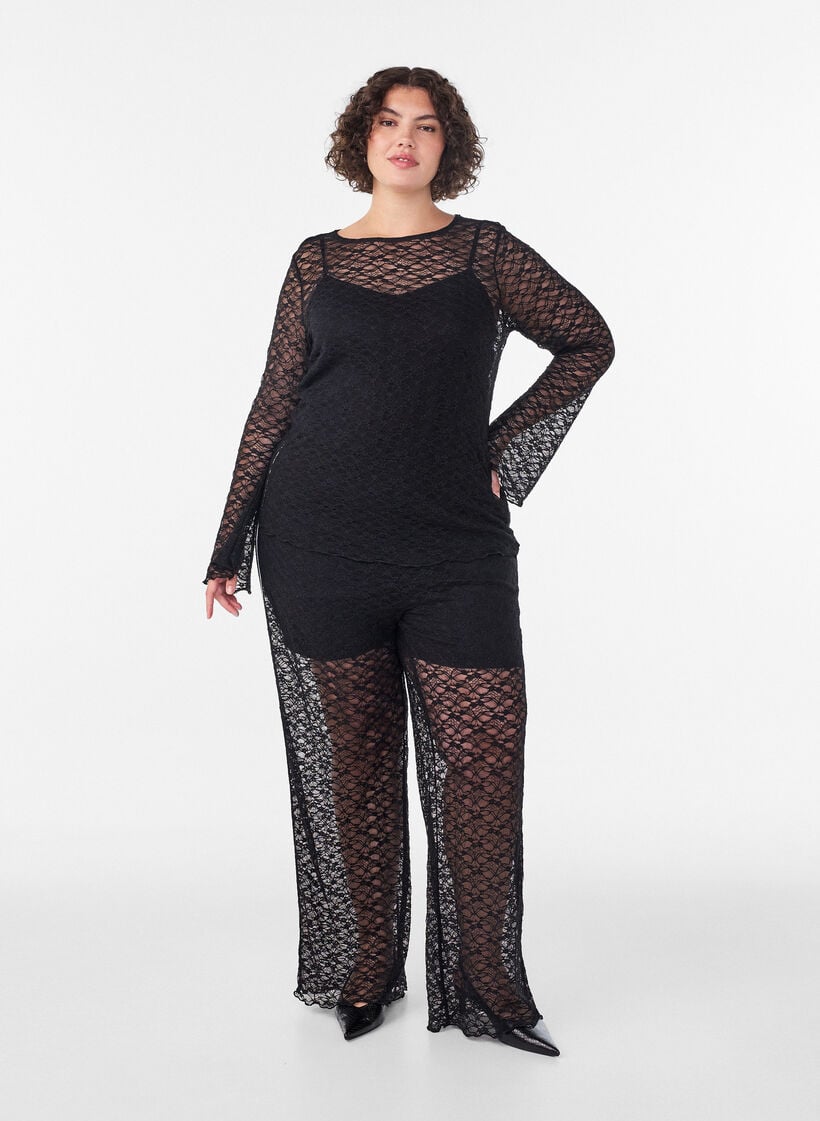 Transparente Bluse aus Spitze mit langen &Auml;rmeln, Schwarz, Model image number 1