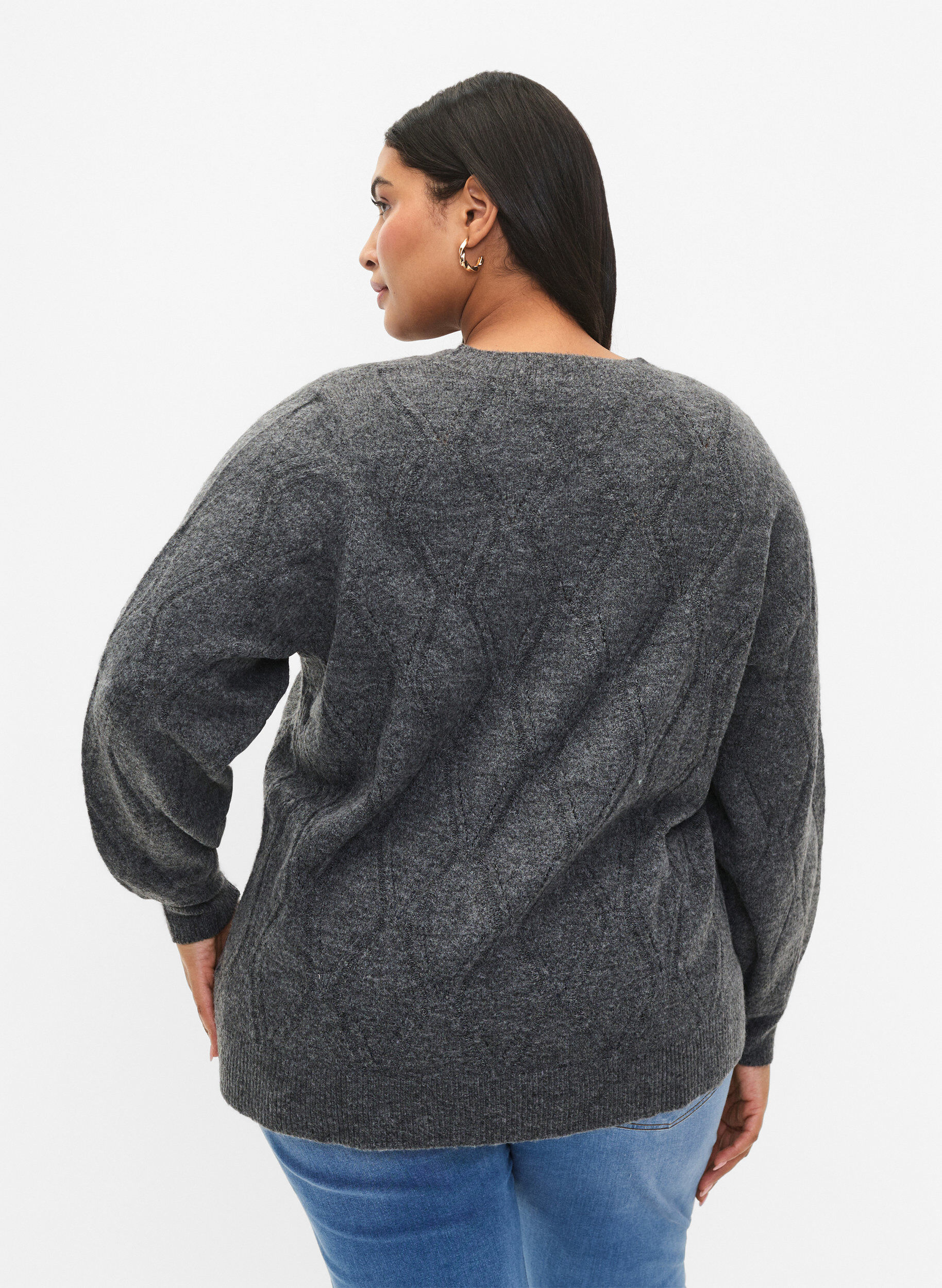 Zizzi Gestrickter Pullover mit Lochmuster, Dark Grey Melange, Model image number 1