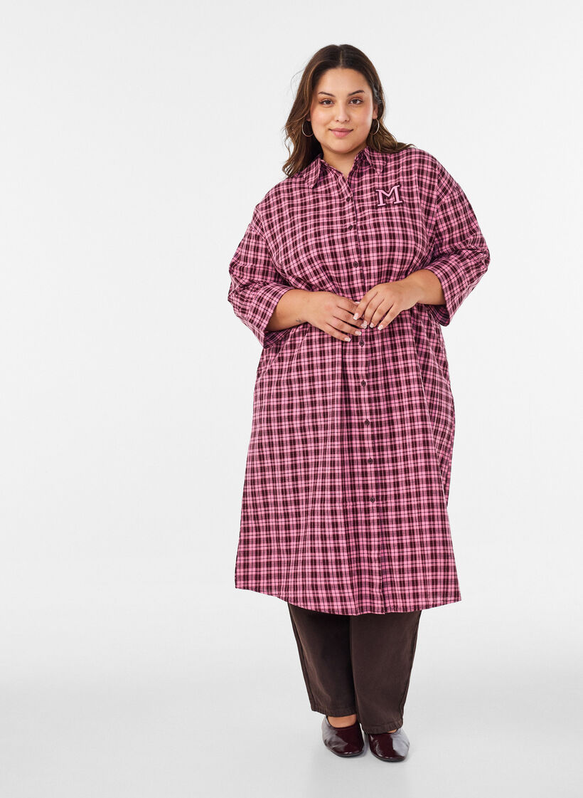 Langes kariertes Hemd mit 3/4-&Auml;rmeln, Pink, Model image number 0