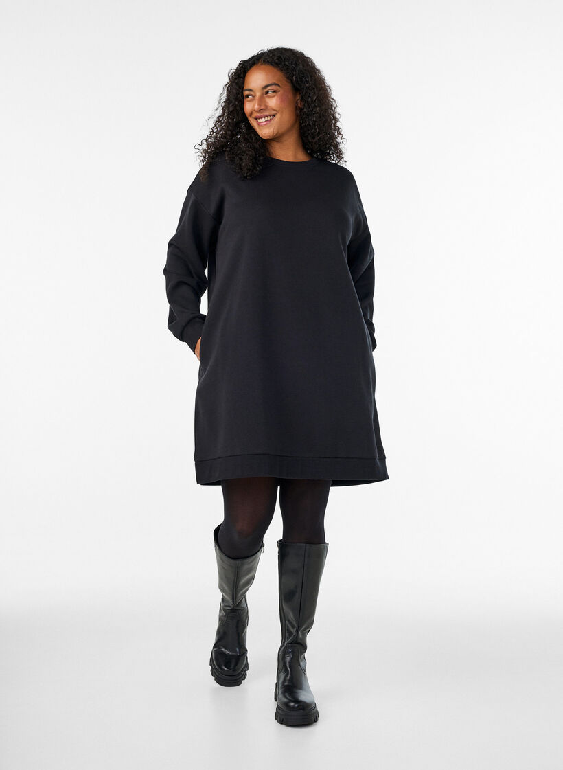 Lockeres Sweatkleid mit Taschen, Schwarz, Model image number 1