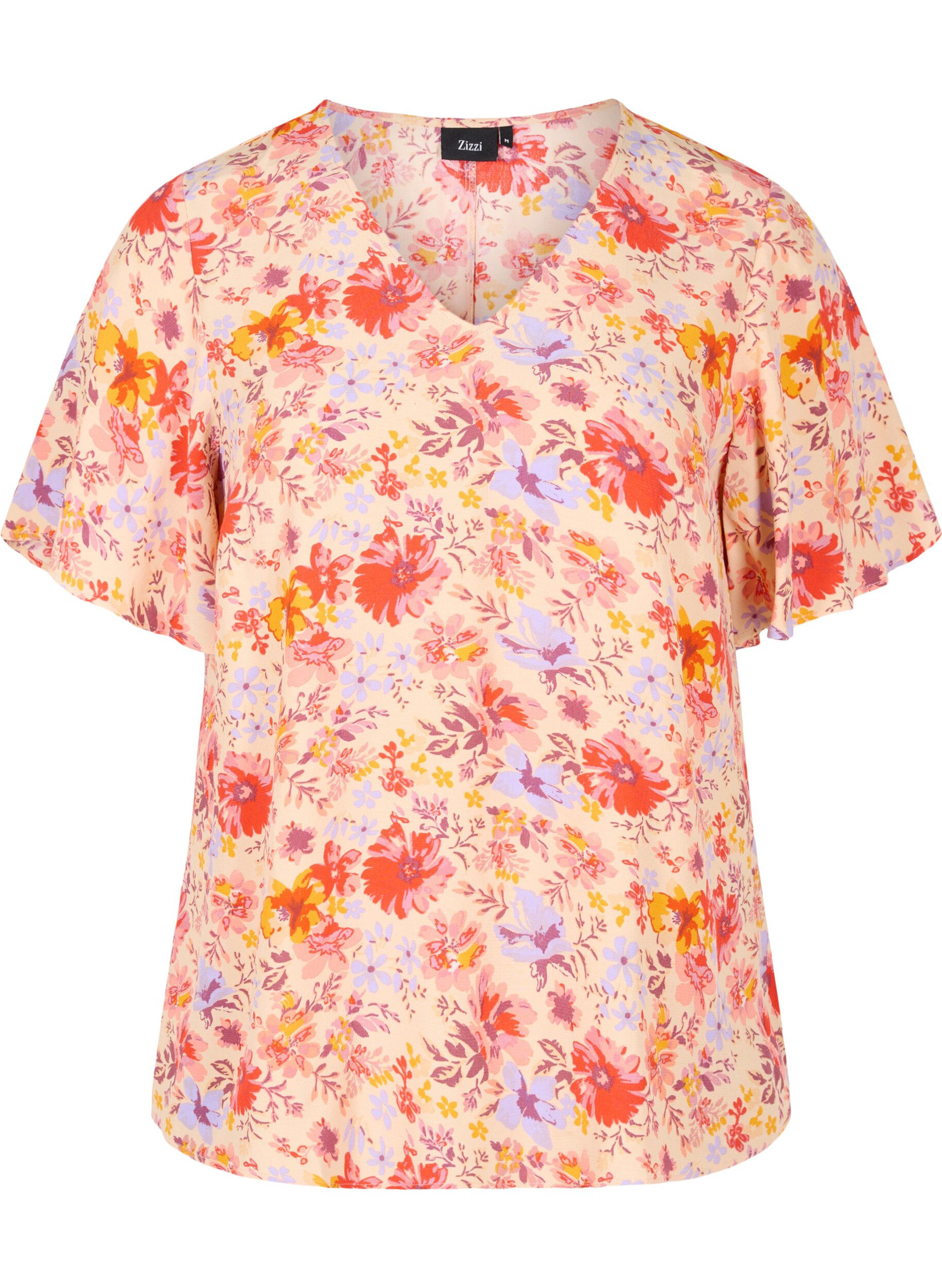 Zizzi Kurz&auml;rmelige Viskosebluse mit Blumendruck, Red Orange AOP, Packshot image number 0