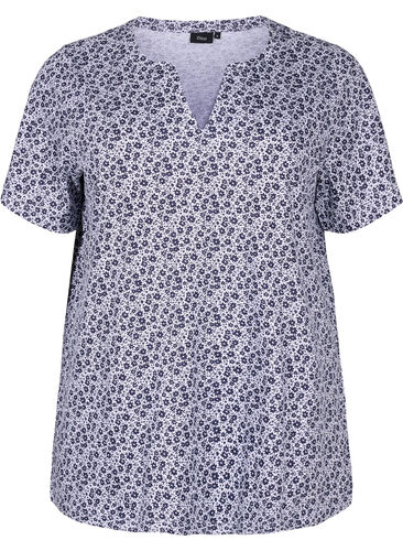 Florales T-Shirt aus Baumwolle mit V-Ausschnitt, Night Sky AOP, Packshot image number 0