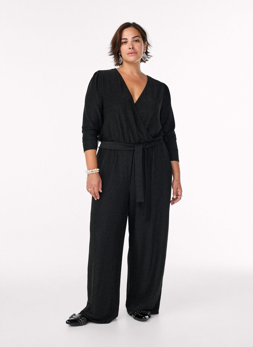 Jumpsuit mit Glitzer und Bindegürtel, Schwarz, Model image number 0
