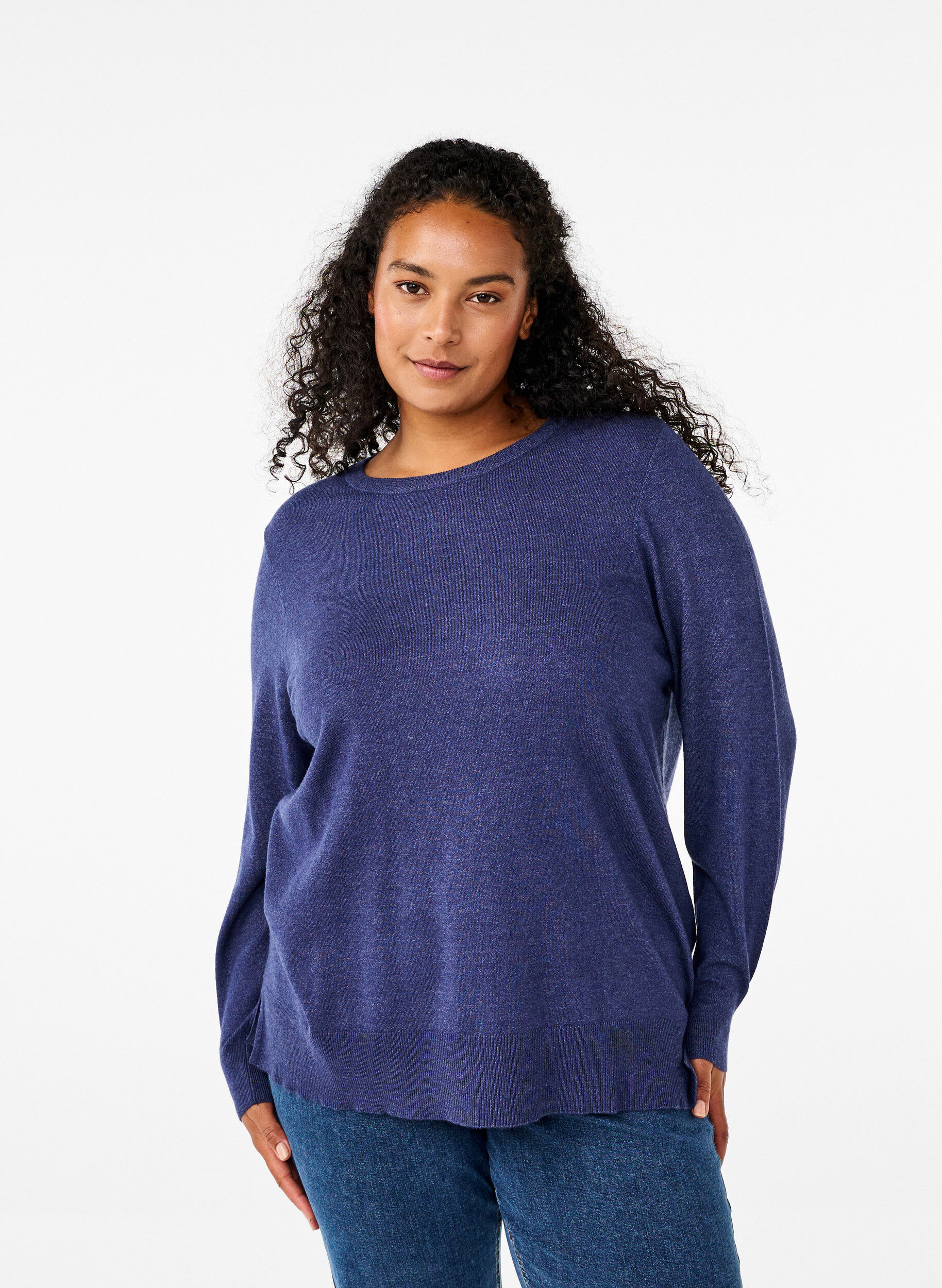 Zizzi Strickbluse mit langen &Auml;rmeln und Schlitz, Blau, Model image number 0