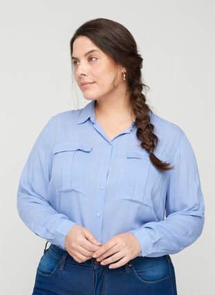 Bluse aus Viskose mit Brusttaschen, Blue Heron, Model image number 0