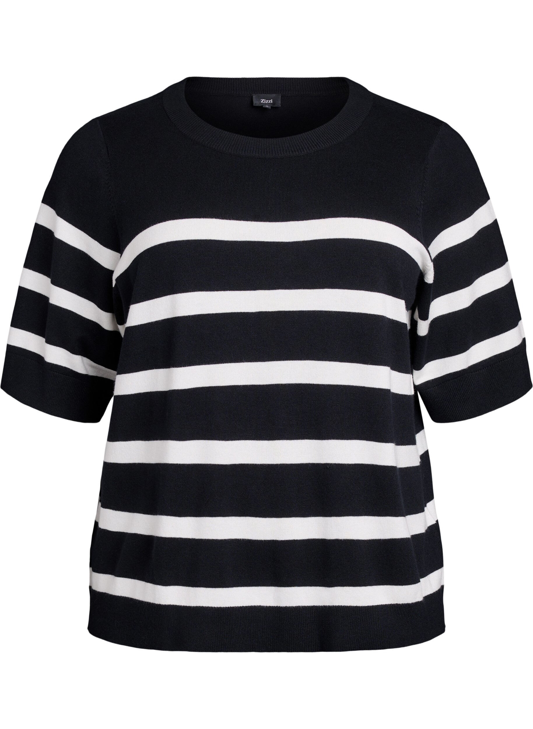 ZizziGestreiftes Stricktop mit kurzen &Auml;rmeln, Schwarz, Packshot image number 0
