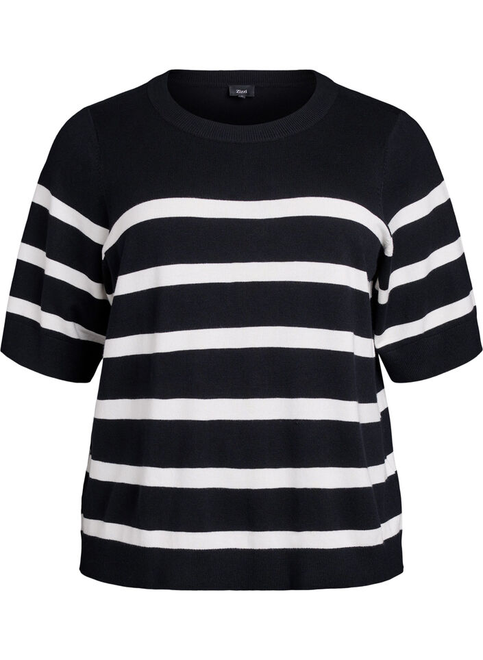 Gestreiftes Stricktop mit kurzen &Auml;rmeln, Schwarz, Packshot image number 0