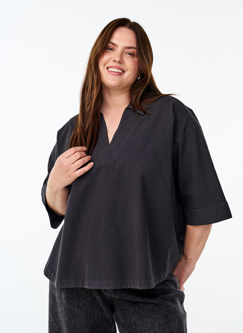 Lockere Bluse mit Kragen und 1/2 Ärmeln, Schwarz, Model image number 0