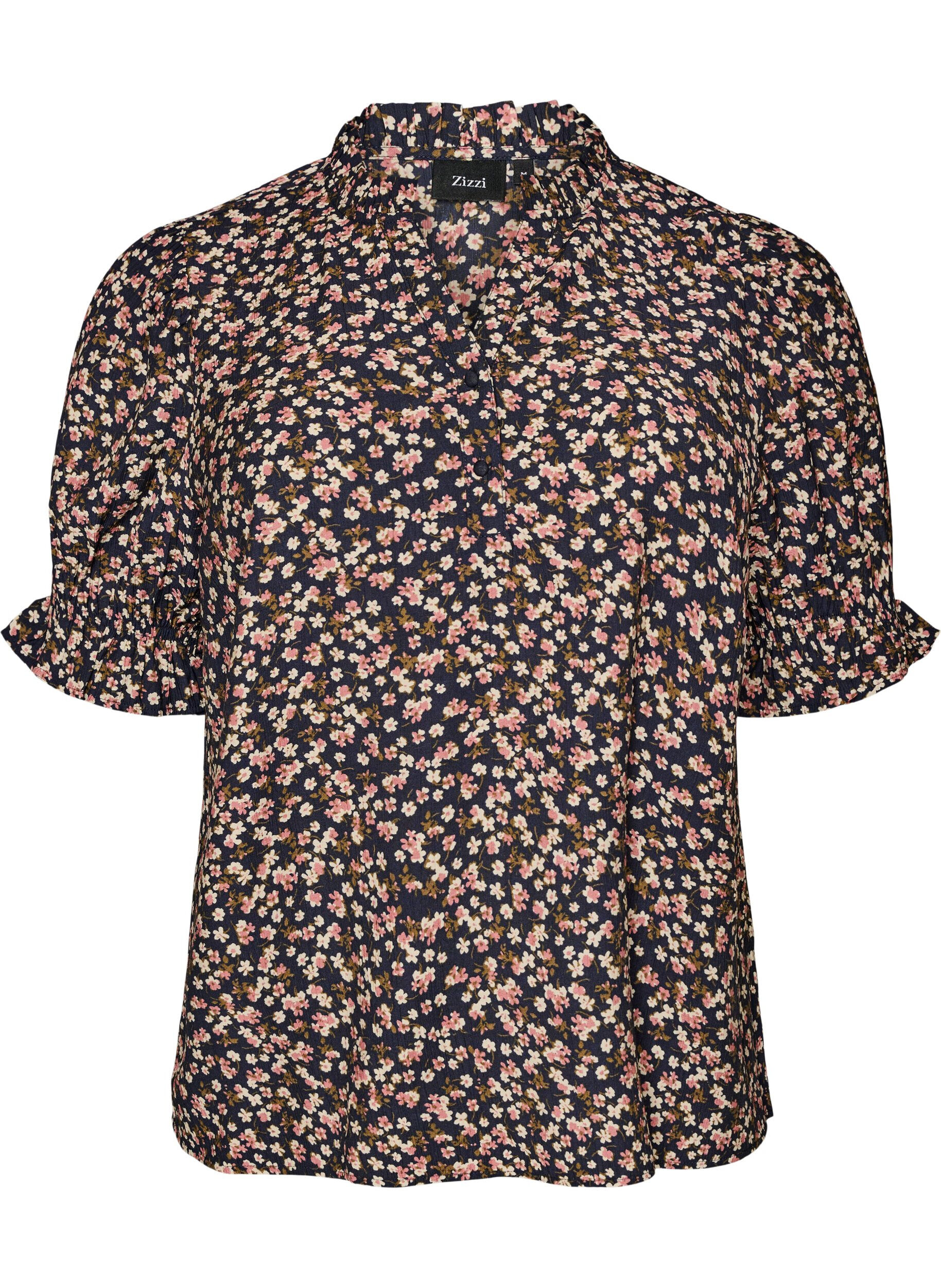 ZizziGebl&uuml;mte Bluse aus Viskose mit kurzen &Auml;rmeln und Smockdetails, Blau, Packshot image number 0