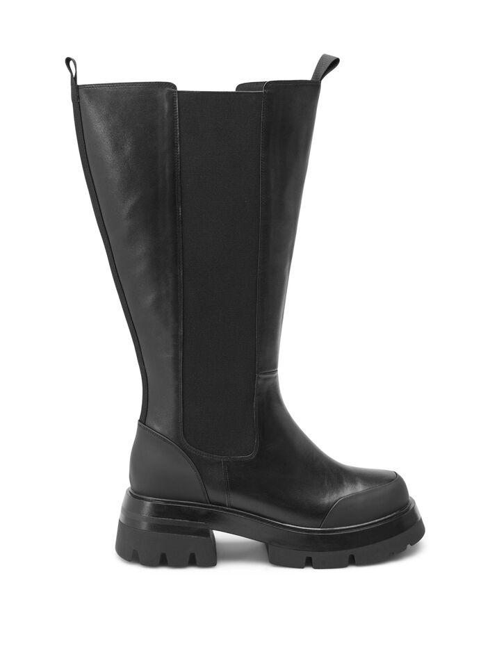 Weite Passform Lederstiefel mit langem Schaft und Elastizit&auml;t, Black, Packshot image number 0