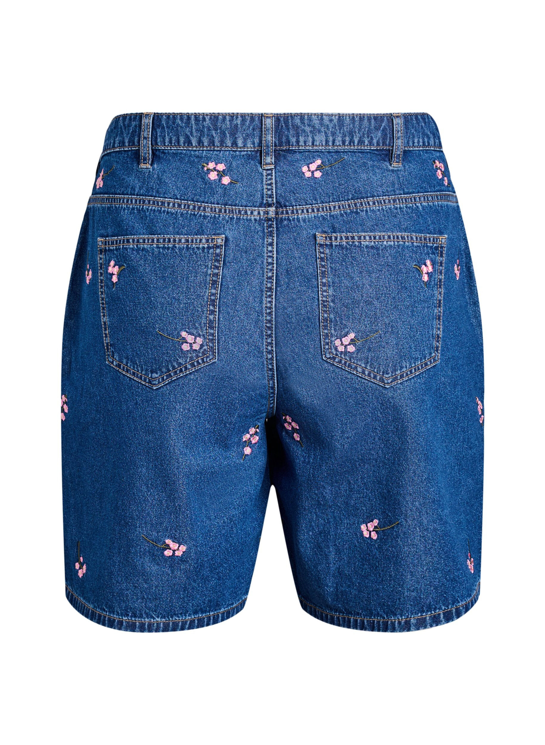 Zizzi Denim-Shorts mit aufgestickten Blumen, Blau, Packshot image number 1