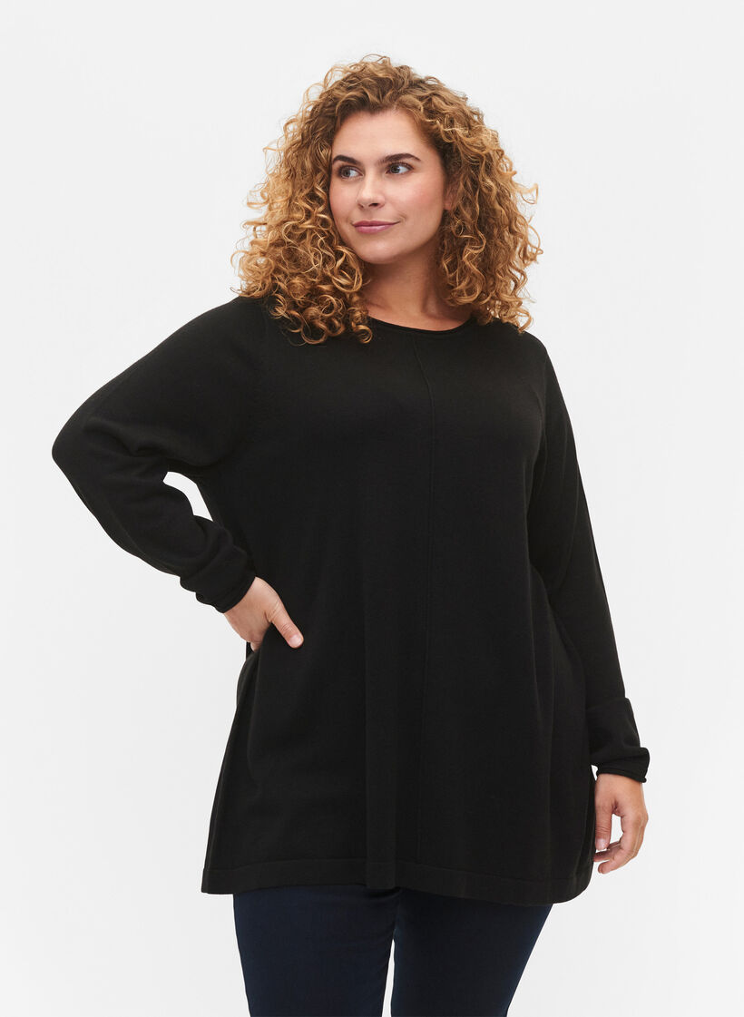 Gestrickte Bluse aus Baumwoll-Viskose-Mischung, Schwarz, Model image number 0