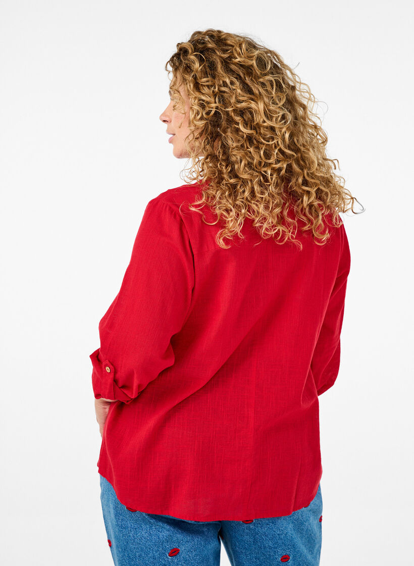 Baumwollbluse mit V-Ausschnitt, Rot, Model image number 2