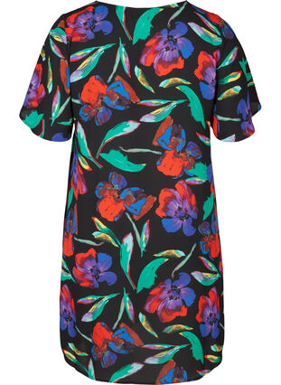 Kurzarm Kleid mit Blumenprint, Black Flower AOP, Packshot image number 1