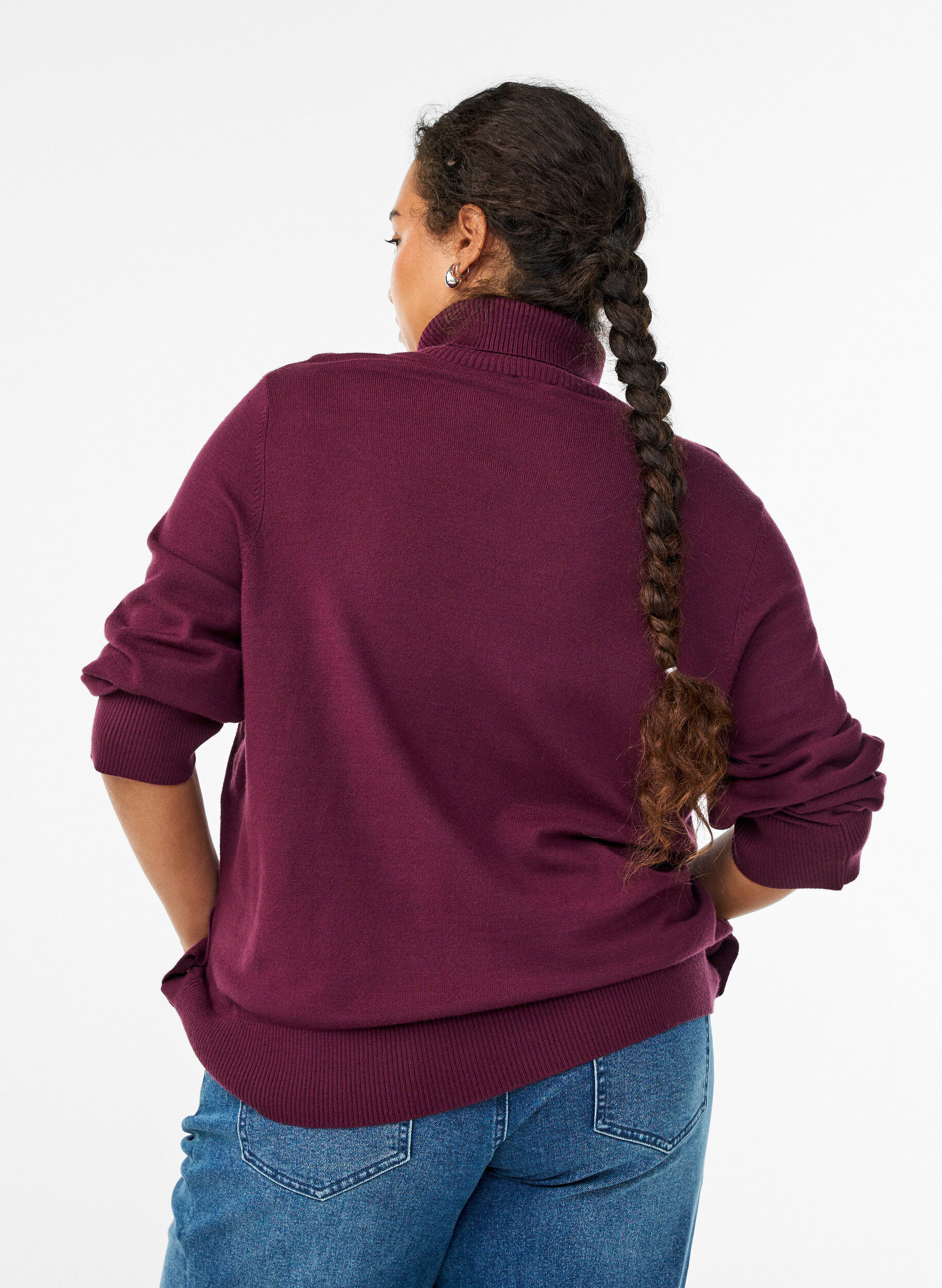 Zizzi Strickbluse mit Rollkragen und seitlichen Kn&ouml;pfen, Dunkles Bordeaux, Model image number 2