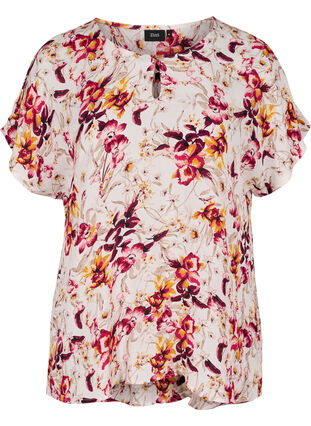 Kurzarm Bluse aus Viskose mit Print, Beige w. Flower AOP, Packshot image number 0