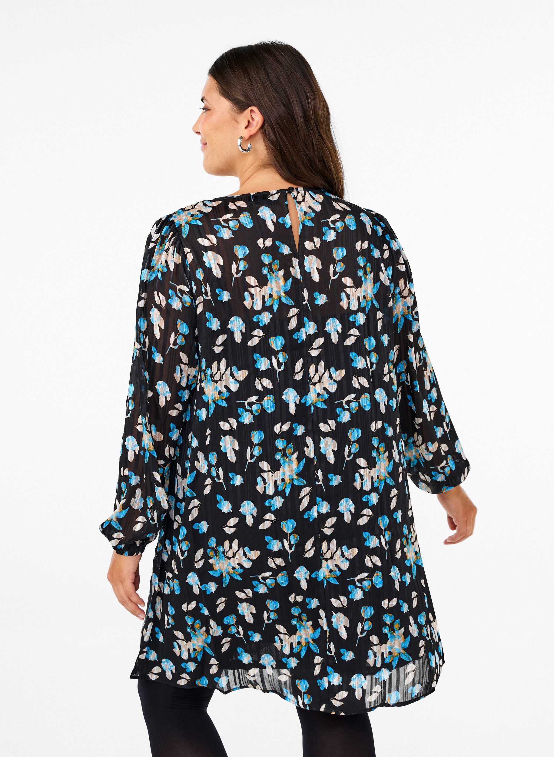 Zizzi Kurzkleid mit Print und Rundhalsausschnitt, Black Blue Fl. AOP, Model image number 1