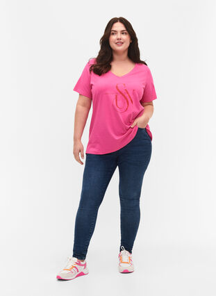 T-Shirt aus Baumwolle mit Druck, Shocking Pink SUN, Model image number 2