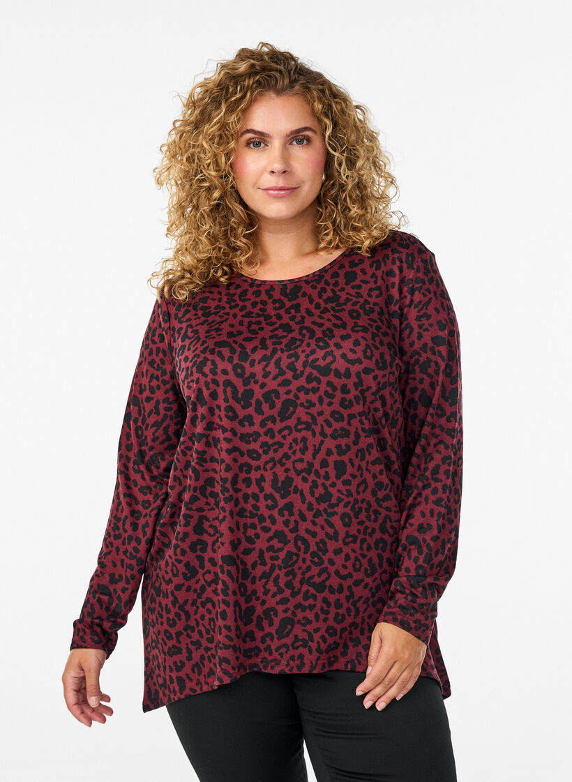 Bluse mit Leopardenmuster und langen Ärmeln, Dunkles Bordeaux, Model image number 0