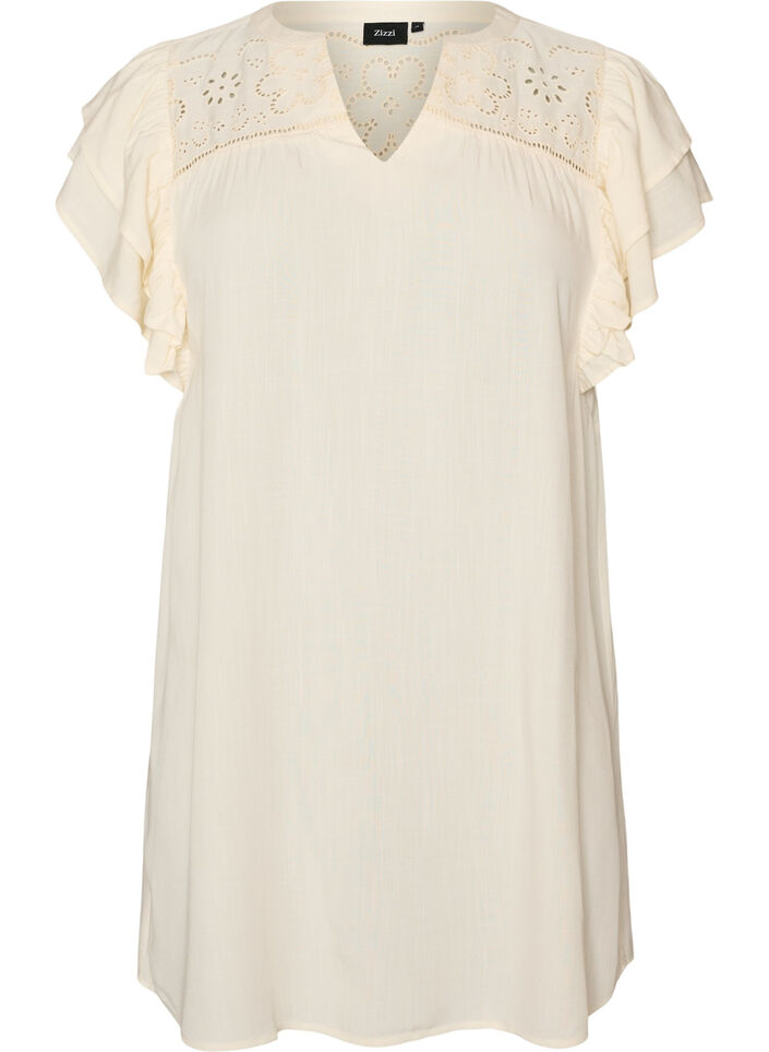 Tunika mit Broderie Anglaise und R&uuml;schen&auml;rmeln, Beige, Packshot image number 0